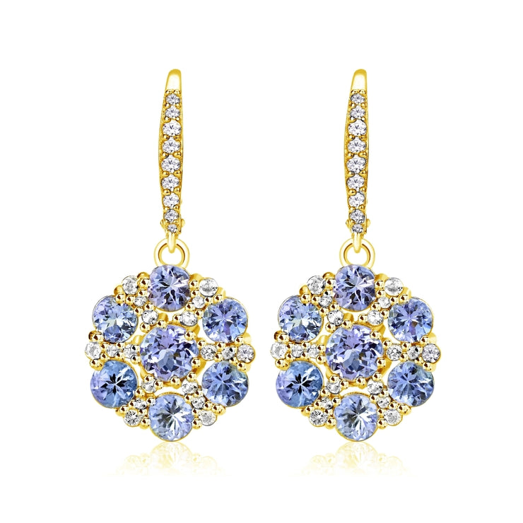 Yellow Gold Flashed Sterling Silver Tanzanite and White Topaz Flower Dangle Leverback Earrings