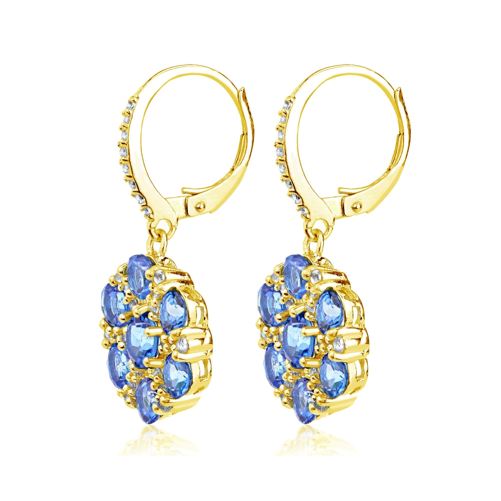 Yellow Gold Flashed Sterling Silver Tanzanite and White Topaz Flower Dangle Leverback Earrings-2