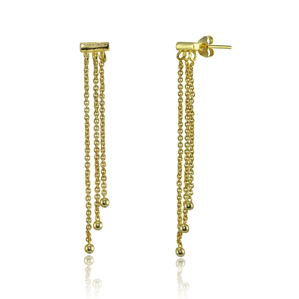 Yellow Gold Flashed Sterling Silver Dainty Beads Chain Drop Dangle Earrings