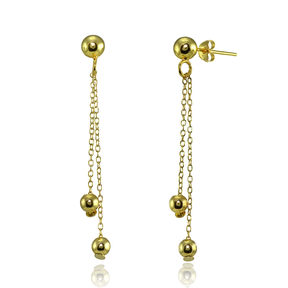 Yellow Gold Flashed Sterling Silver Polished Double Bead Dangling Chain Drop Earrings