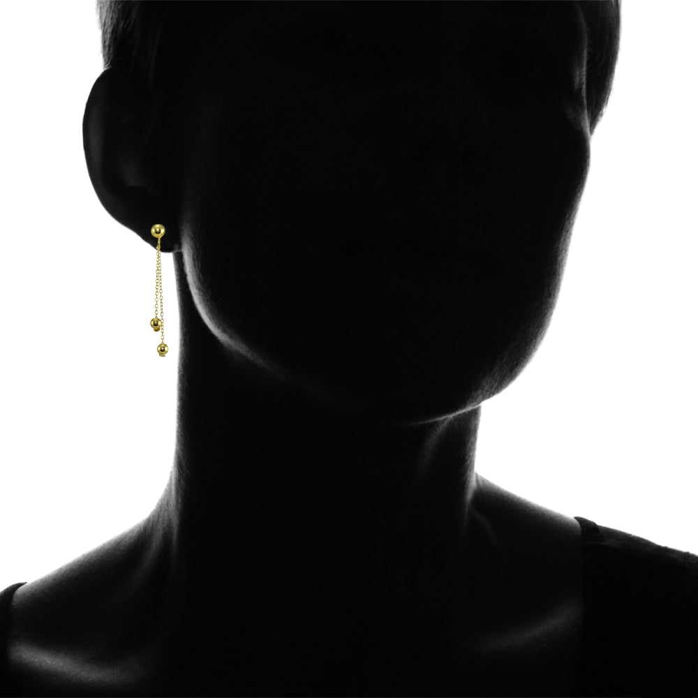 Yellow Gold Flashed Sterling Silver Polished Double Bead Dangling Chain Drop Earrings-2