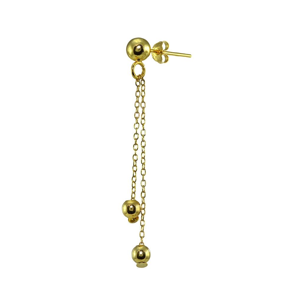Yellow Gold Flashed Sterling Silver Polished Double Bead Dangling Chain Drop Earrings-3