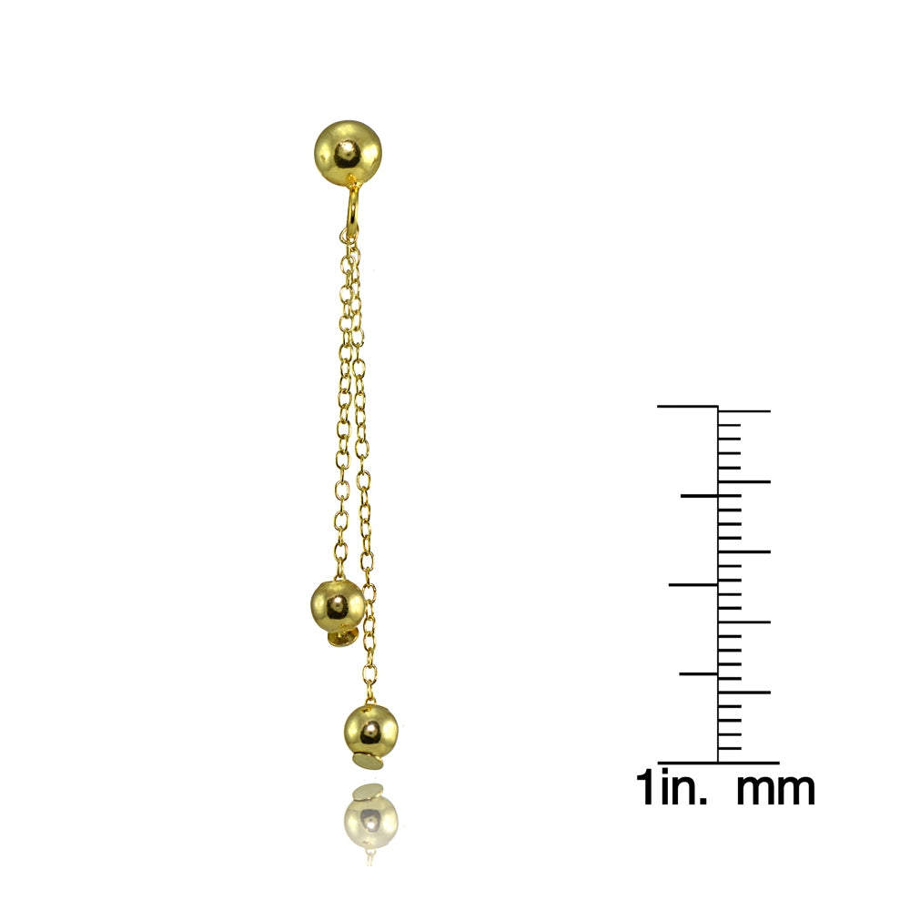 Yellow Gold Flashed Sterling Silver Polished Double Bead Dangling Chain Drop Earrings-4