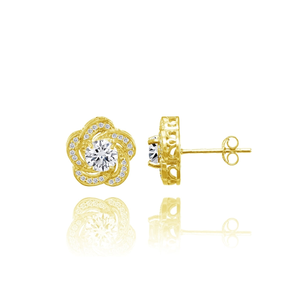 Yellow Gold Flashed Sterling Silver Cubic Zirconia Swirl Flower Stud Earrings