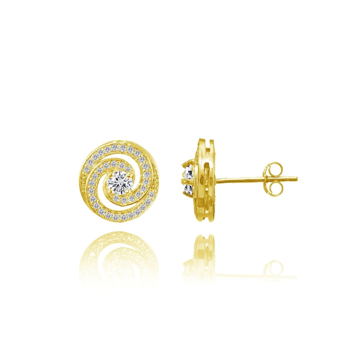 Yellow Gold Flashed Sterling Silver Cubic Zirconia Round Swirl Stud Earrings