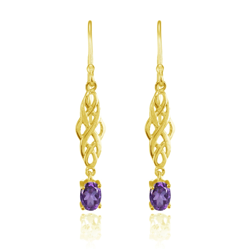 Yellow Gold Flashed Sterling Silver African Amethyst Oval Celtic Knot Drop Dangle Earrings-2