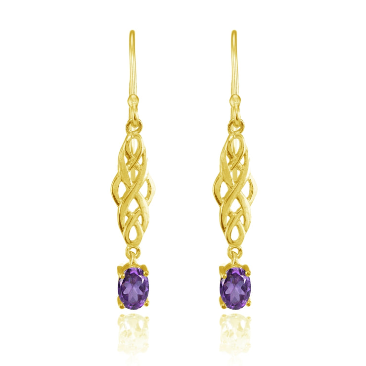 Yellow Gold Flashed Sterling Silver African Amethyst Oval Celtic Knot Drop Dangle Earrings