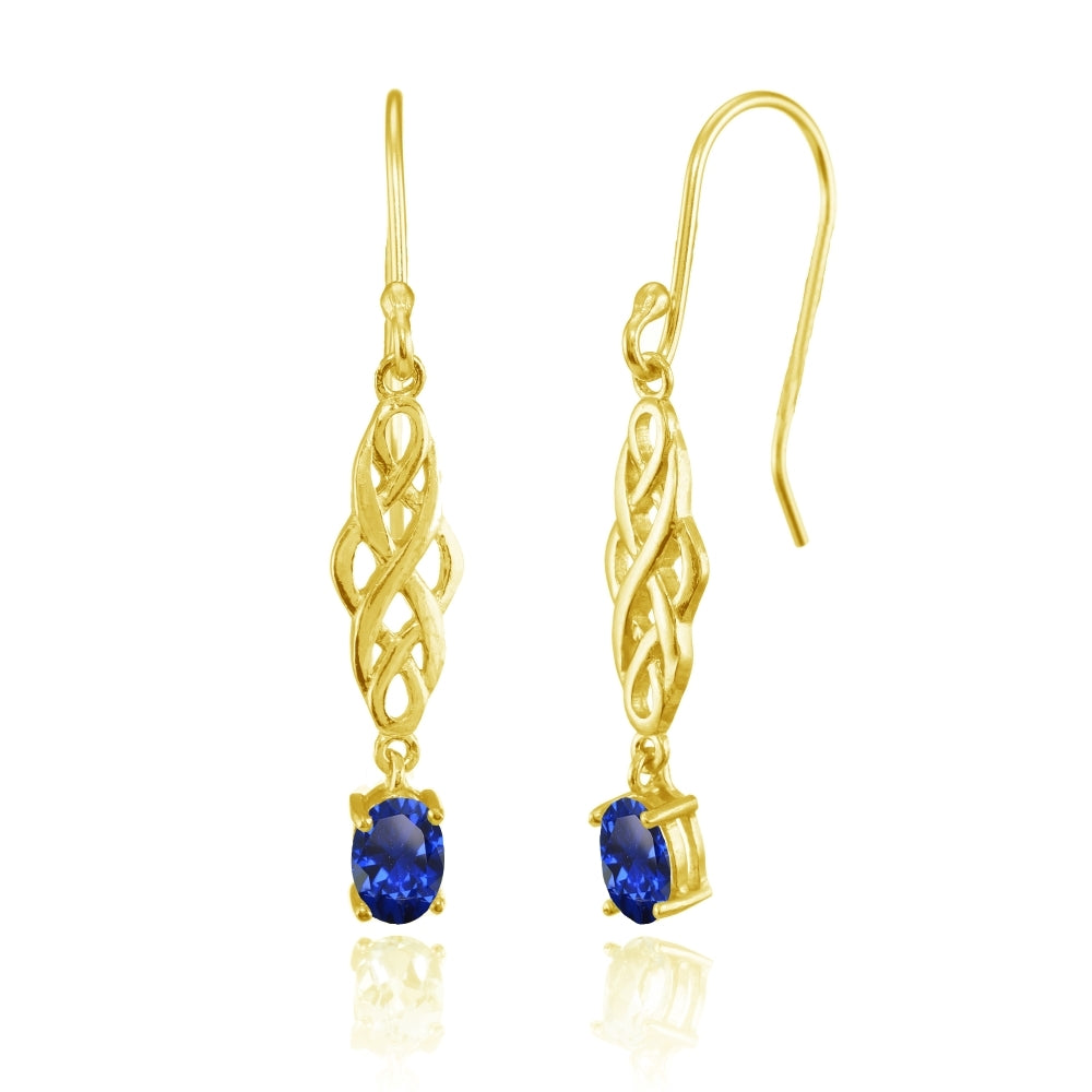 Yellow Gold Flashed Sterling Silver Created Blue Sapphire Oval Celtic Knot Drop Dangle Earrings
