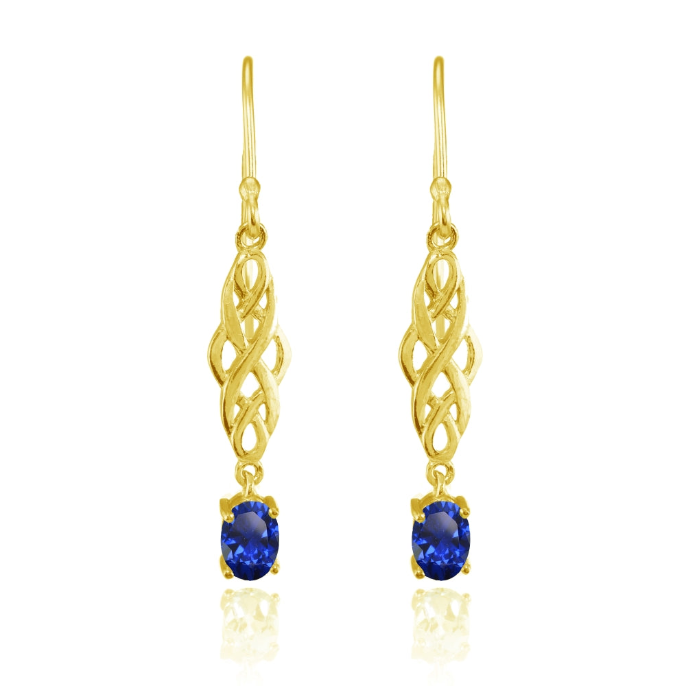 Yellow Gold Flashed Sterling Silver Created Blue Sapphire Oval Celtic Knot Drop Dangle Earrings-2