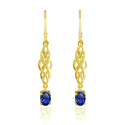 Yellow Gold Flashed Sterling Silver Created Blue Sapphire Oval Celtic Knot Drop Dangle Earrings