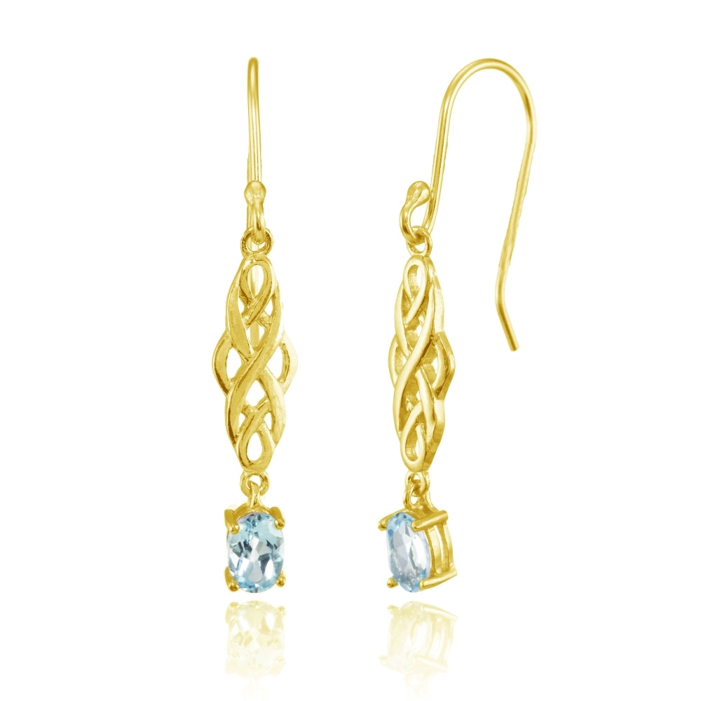 Yellow Gold Flashed Sterling Silver Blue Topaz Oval Celtic Knot Drop Dangle Earrings