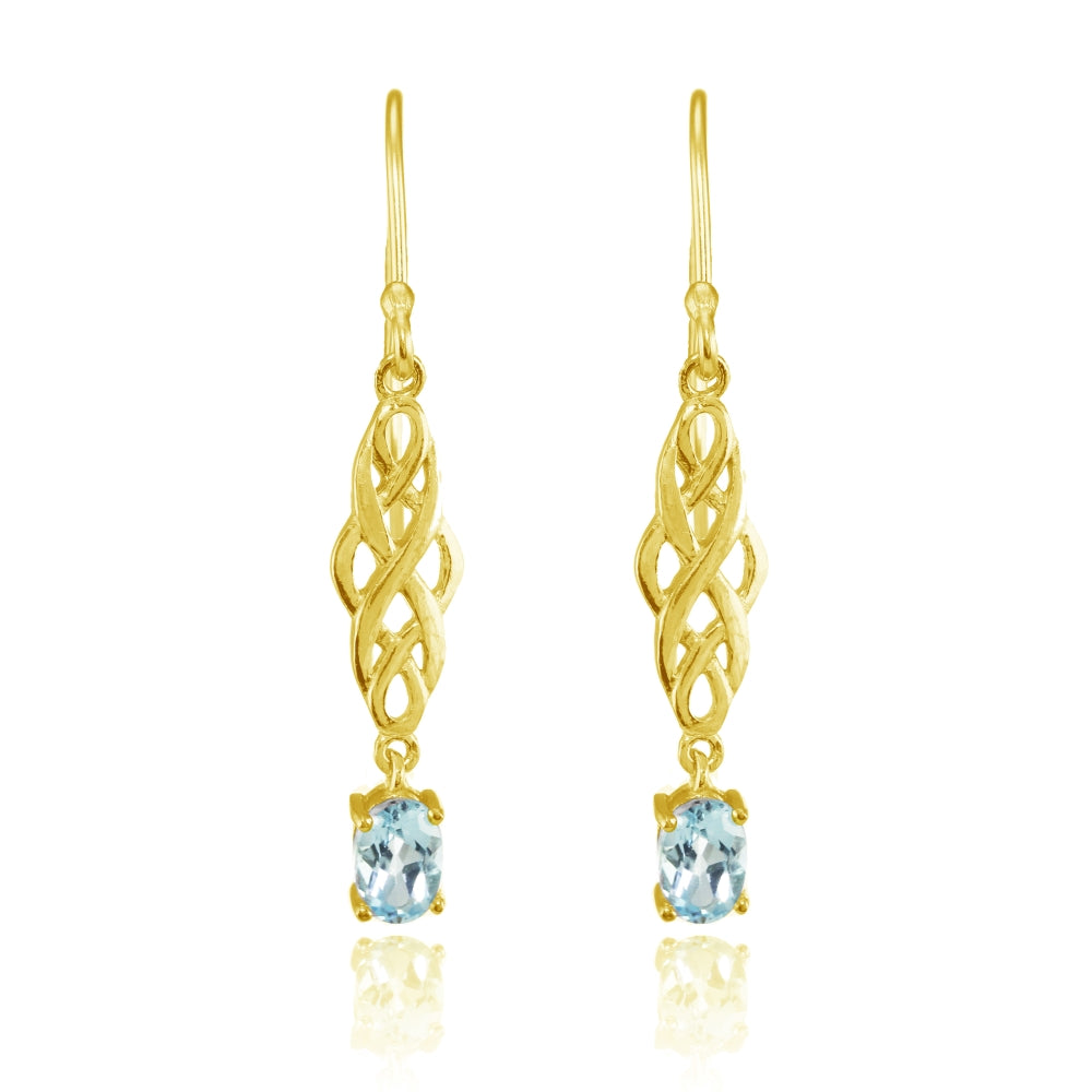 Yellow Gold Flashed Sterling Silver Blue Topaz Oval Celtic Knot Drop Dangle Earrings-2