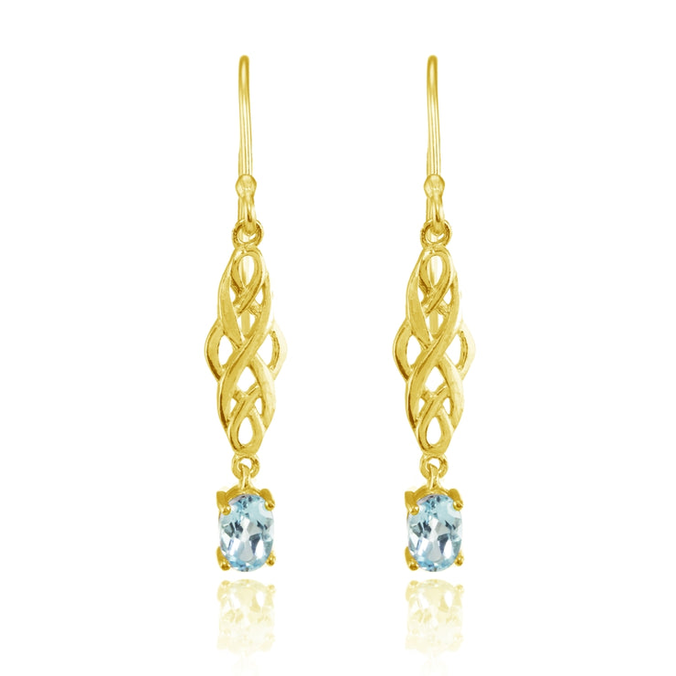 Yellow Gold Flashed Sterling Silver Blue Topaz Oval Celtic Knot Drop Dangle Earrings