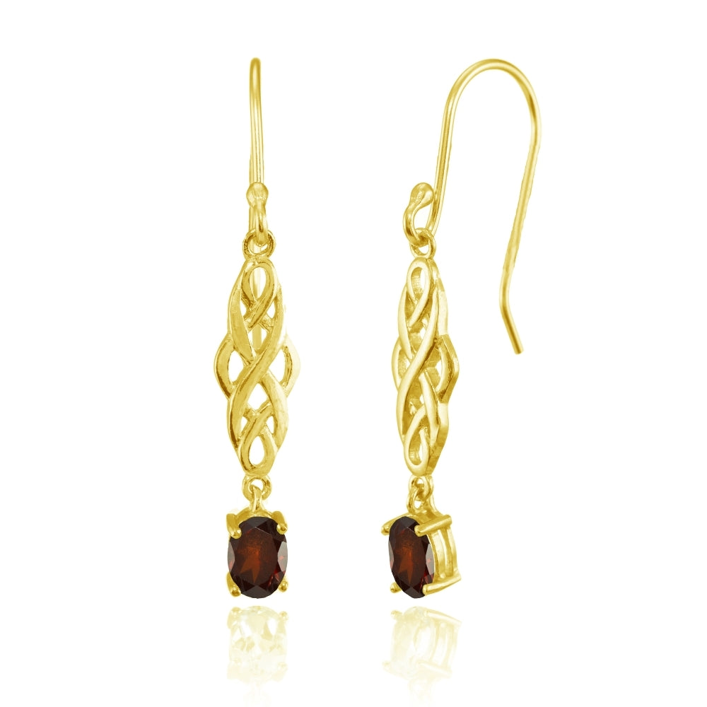 Yellow Gold Flashed Sterling Silver Garnet Oval Celtic Knot Drop Dangle Earrings