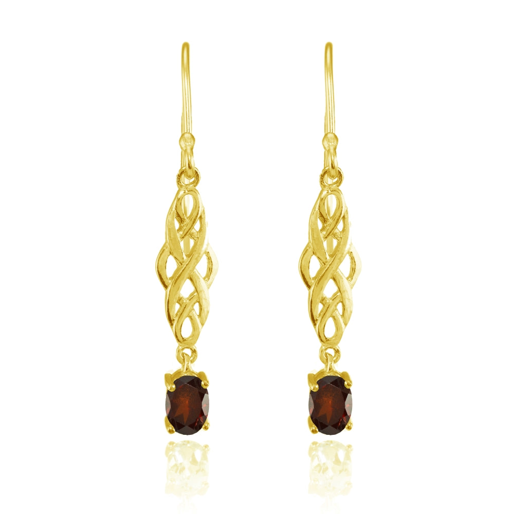 Yellow Gold Flashed Sterling Silver Garnet Oval Celtic Knot Drop Dangle Earrings-2