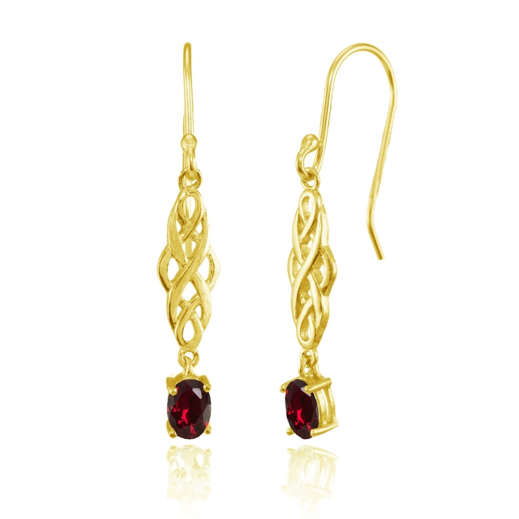 Yellow Gold Flashed Sterling Silver Created Ruby Oval Celtic Knot Drop Dangle Earrings