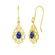 Yellow Gold Flashed Sterling Silver Created Blue Sapphire Filigree Heart Teardrop Dangle Earrings