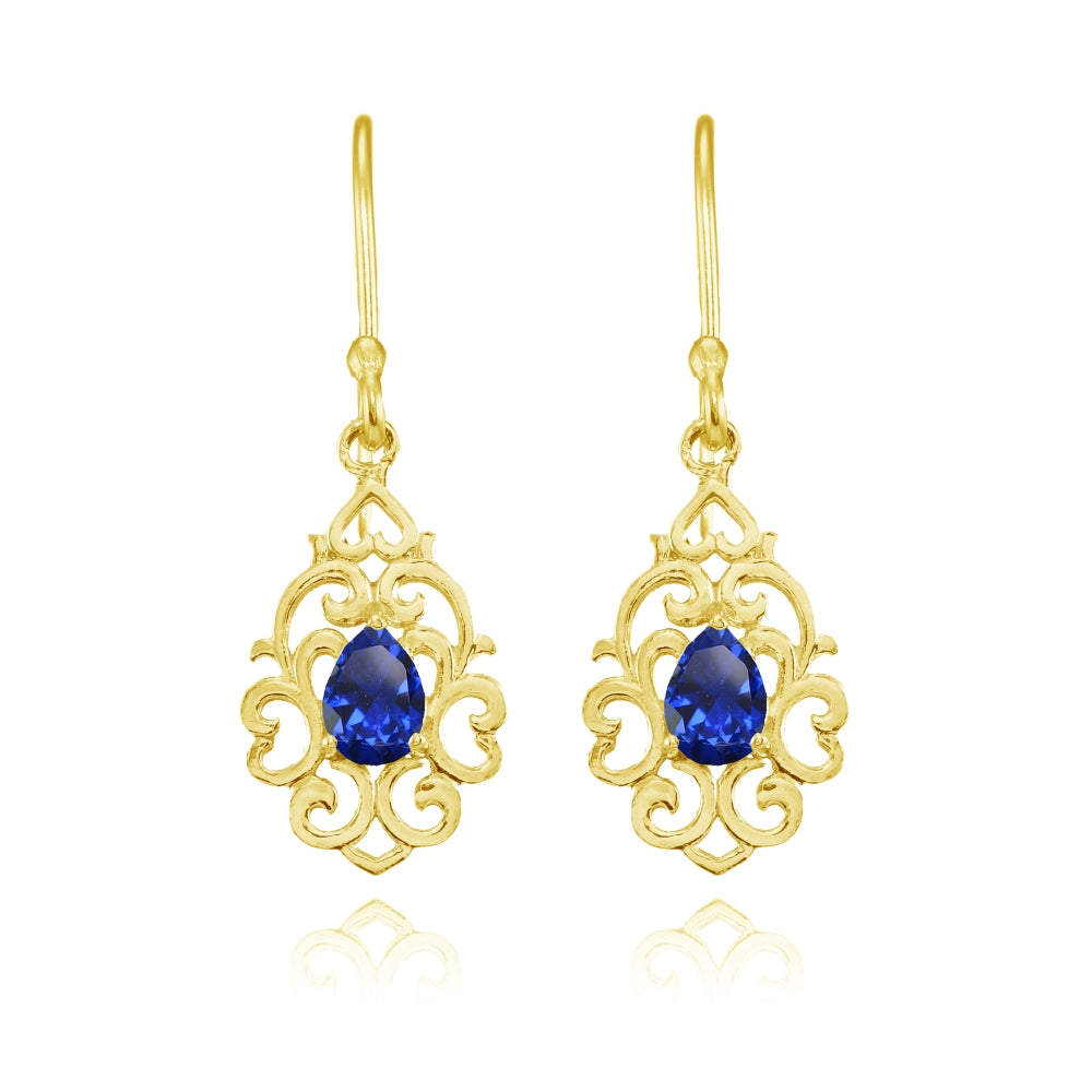 Yellow Gold Flashed Sterling Silver Created Blue Sapphire Filigree Heart Teardrop Dangle Earrings-2