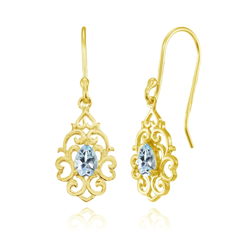 Yellow Gold Flashed Sterling Silver Blue Topaz Filigree Heart Teardrop Dangle Earrings