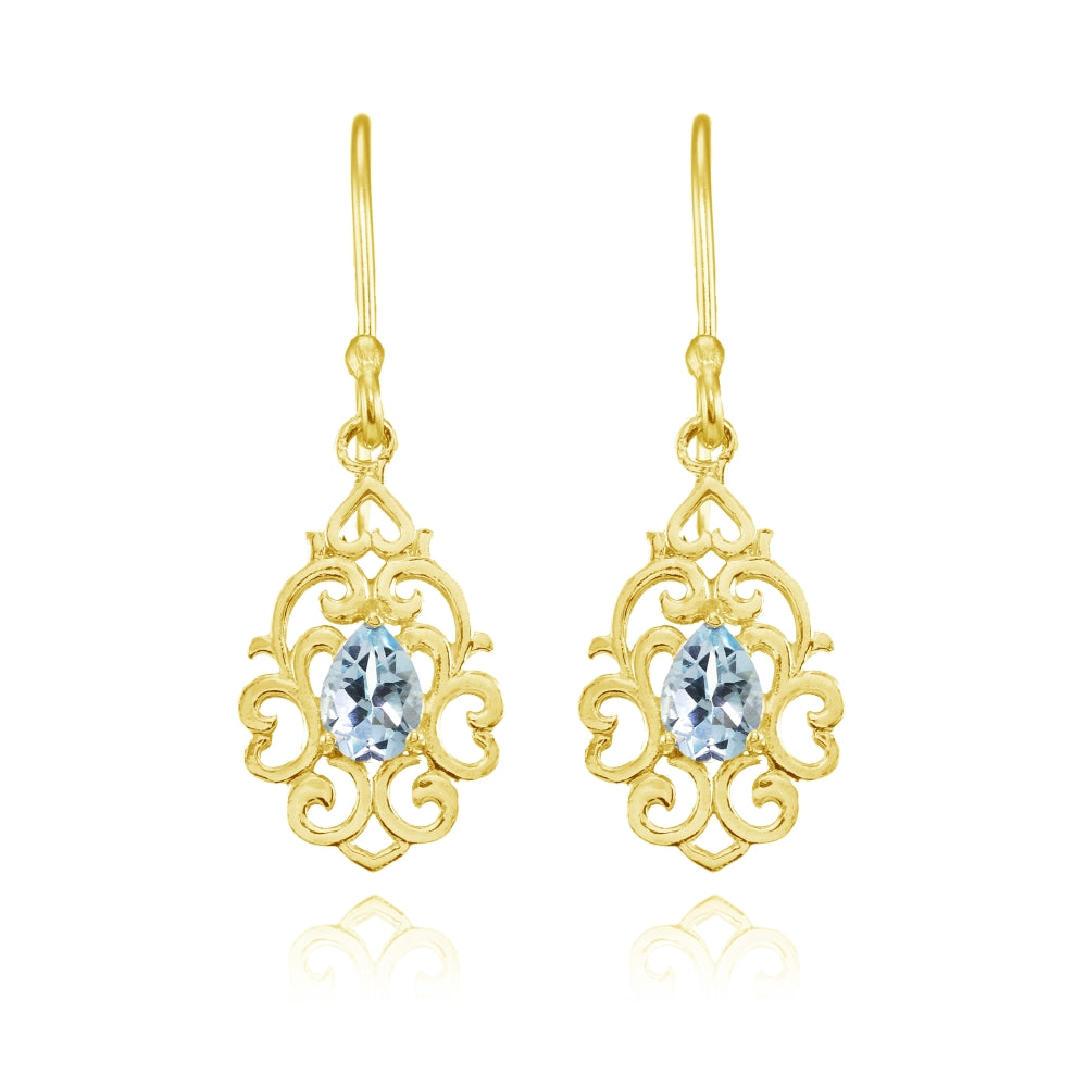 Yellow Gold Flashed Sterling Silver Blue Topaz Filigree Heart Teardrop Dangle Earrings-2