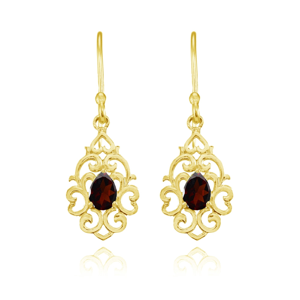 Yellow Gold Flashed Sterling Silver Garnet Filigree Heart Teardrop Dangle Earrings-2
