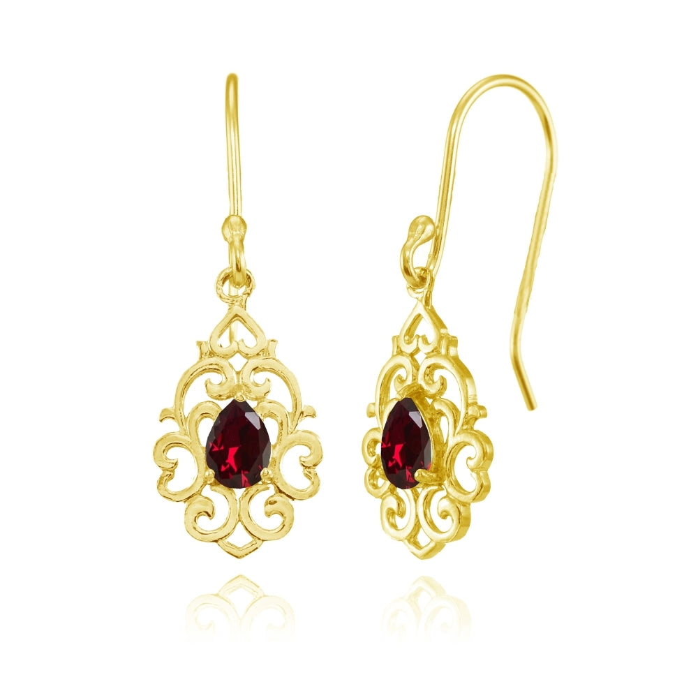 Yellow Gold Flashed Sterling Silver Created Ruby Filigree Heart Teardrop Dangle Earrings
