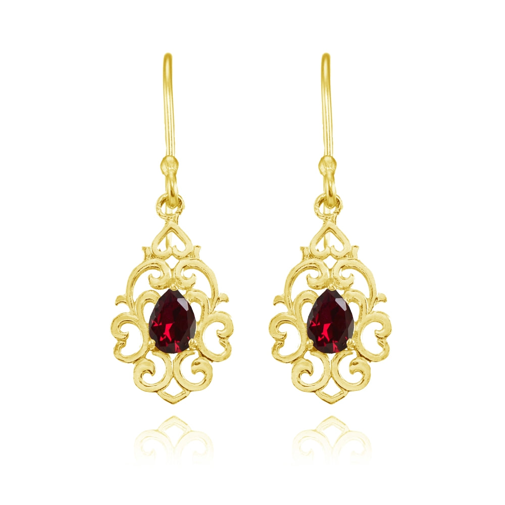 Yellow Gold Flashed Sterling Silver Created Ruby Filigree Heart Teardrop Dangle Earrings-2