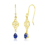 Yellow Gold Flashed Sterling Silver Created Blue Sapphire Celtic Trinity Knot Teardrop Dangle Drop Earrings