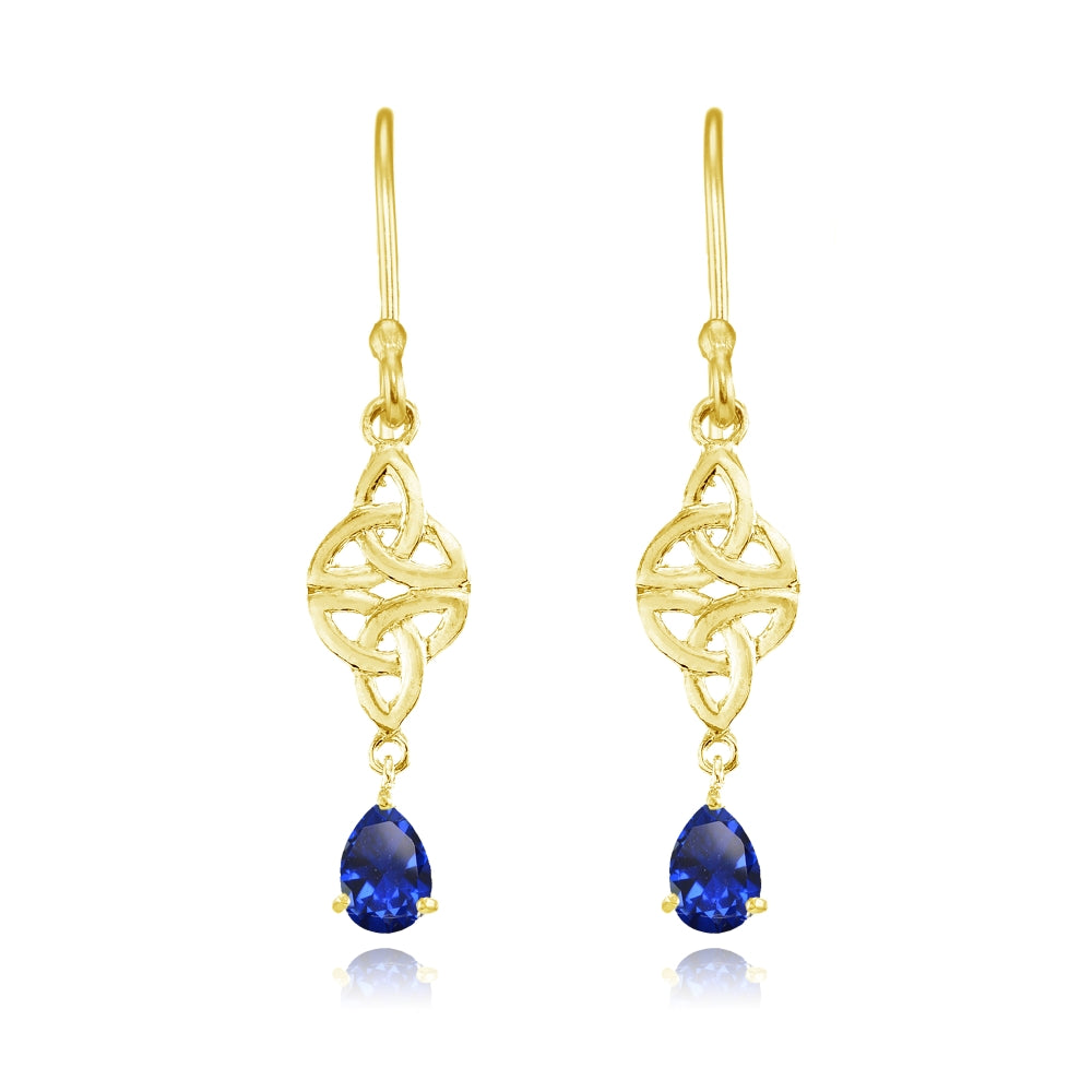 Yellow Gold Flashed Sterling Silver Created Blue Sapphire Celtic Trinity Knot Teardrop Dangle Drop Earrings-2