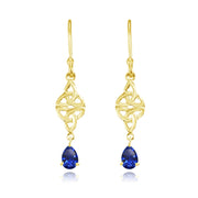 Yellow Gold Flashed Sterling Silver Created Blue Sapphire Celtic Trinity Knot Teardrop Dangle Drop Earrings