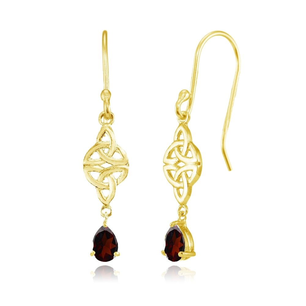 Yellow Gold Flashed Sterling Silver Garnet Celtic Trinity Knot Teardrop Dangle Drop Earrings