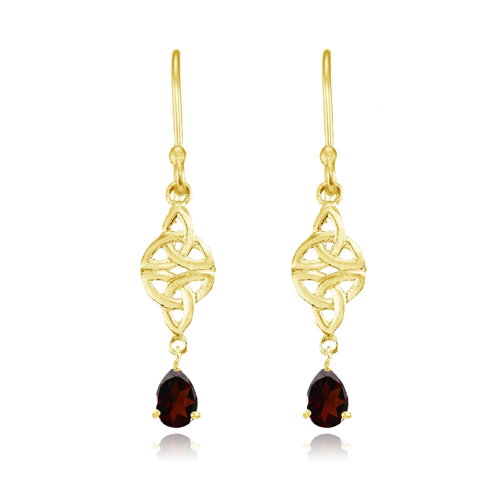 Yellow Gold Flashed Sterling Silver Garnet Celtic Trinity Knot Teardrop Dangle Drop Earrings-2