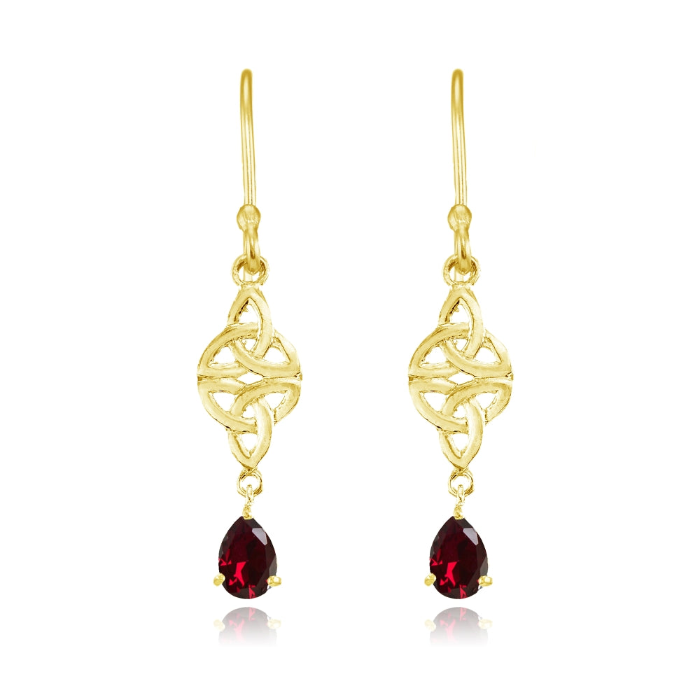Yellow Gold Flashed Sterling Silver Created Ruby Celtic Trinity Knot Teardrop Dangle Drop Earrings-2
