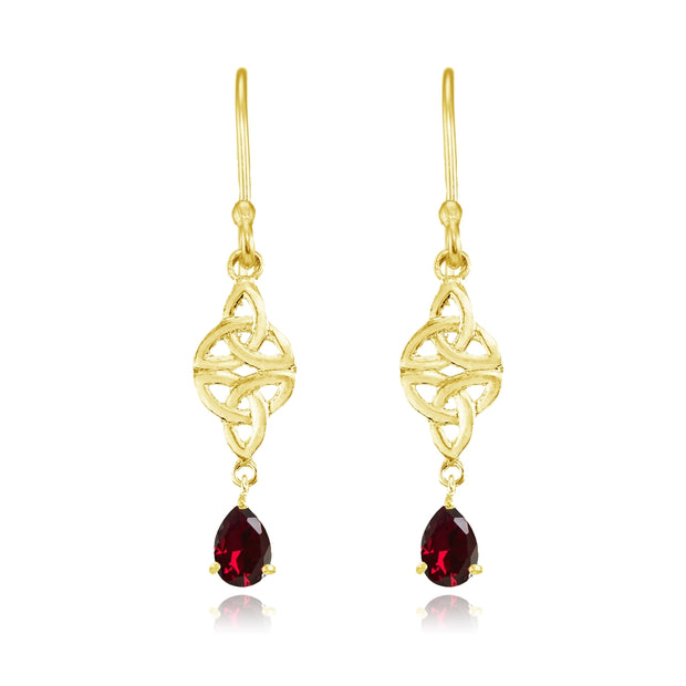 Yellow Gold Flashed Sterling Silver Created Ruby Celtic Trinity Knot Teardrop Dangle Drop Earrings