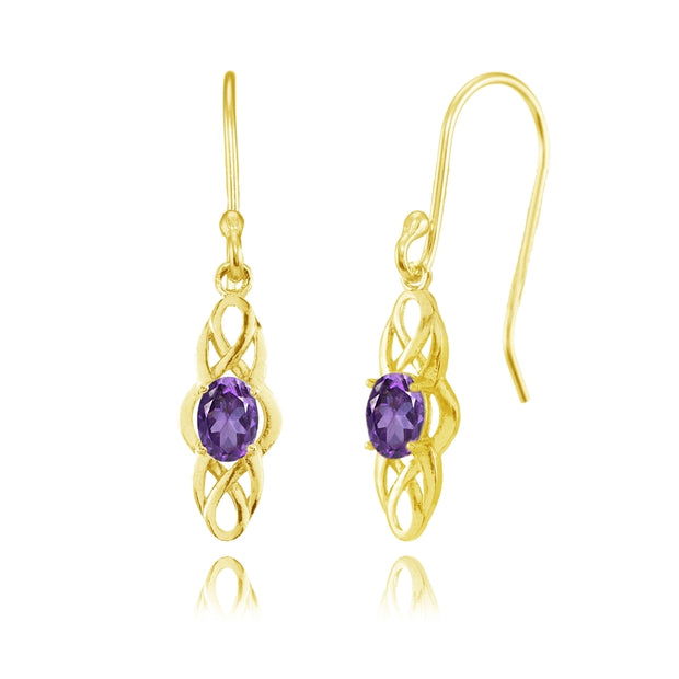 Yellow Gold Flashed Sterling Silver African Amethyst Celtic Knot Oval Dangle Drop Earrings