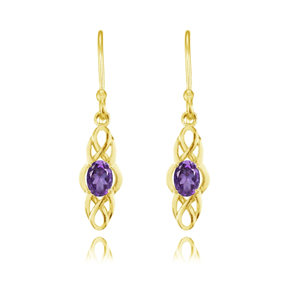 Yellow Gold Flashed Sterling Silver African Amethyst Celtic Knot Oval Dangle Drop Earrings-2
