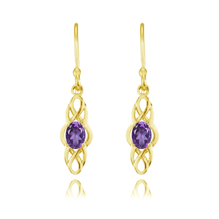 Yellow Gold Flashed Sterling Silver African Amethyst Celtic Knot Oval Dangle Drop Earrings