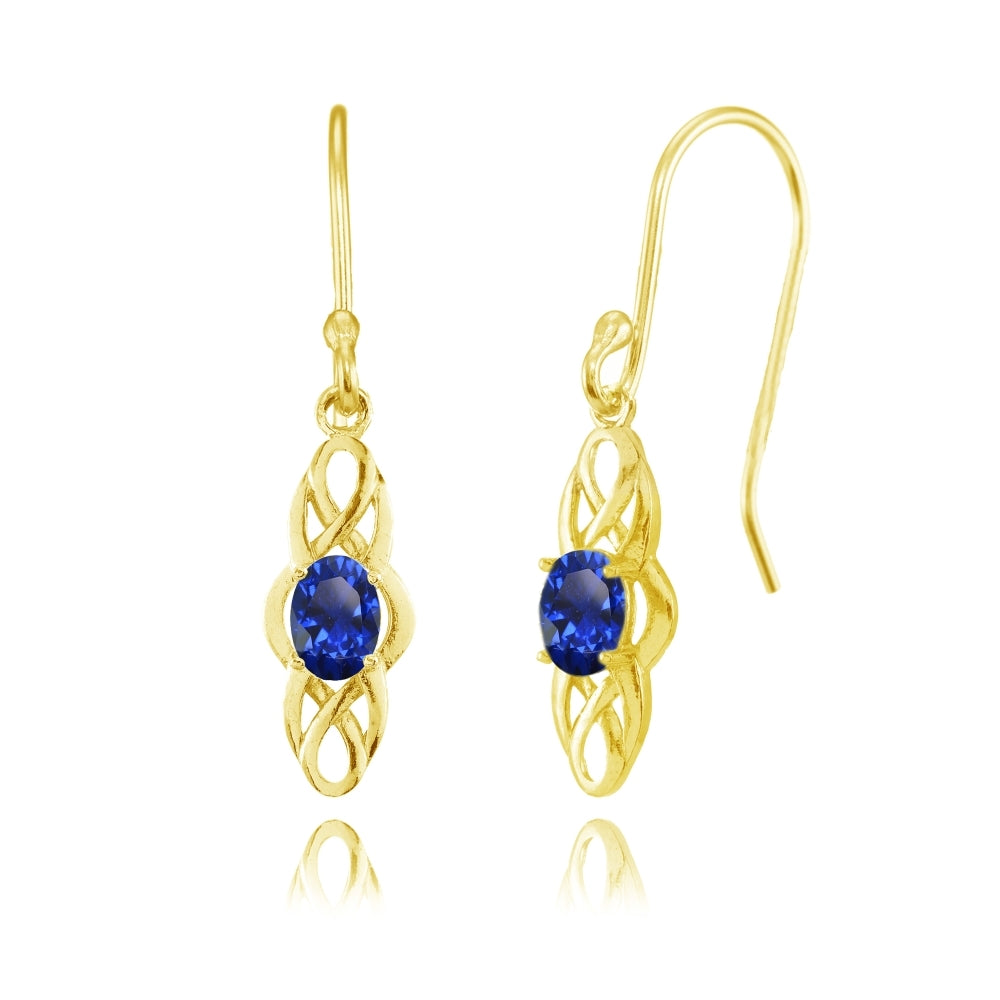 Yellow Gold Flashed Sterling Silver Created Blue Sapphire Celtic Knot Oval Dangle Drop Earrings