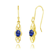 Yellow Gold Flashed Sterling Silver Created Blue Sapphire Celtic Knot Oval Dangle Drop Earrings