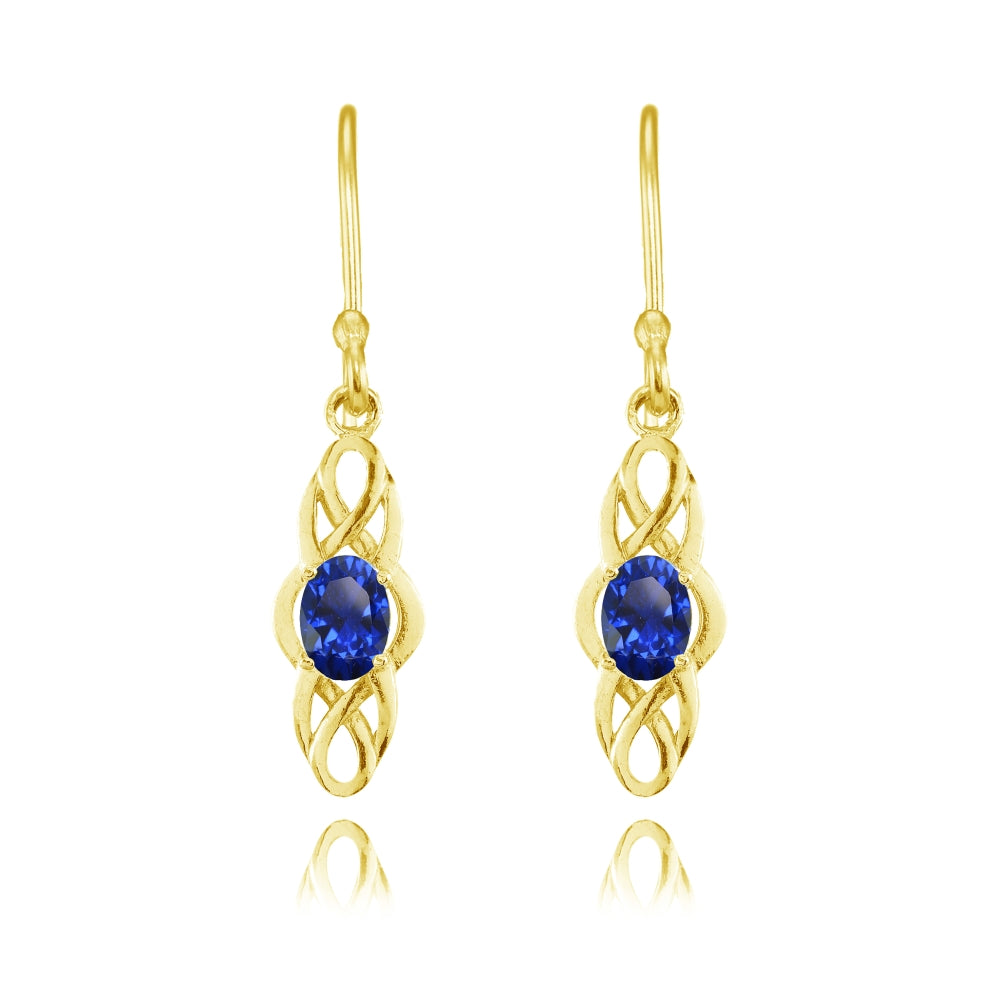 Yellow Gold Flashed Sterling Silver Created Blue Sapphire Celtic Knot Oval Dangle Drop Earrings-2