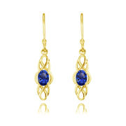 Yellow Gold Flashed Sterling Silver Created Blue Sapphire Celtic Knot Oval Dangle Drop Earrings