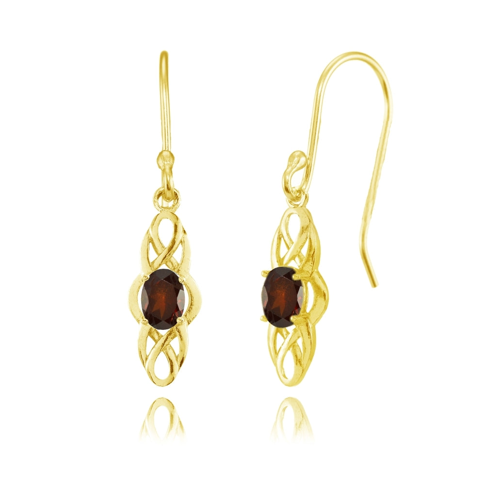 Yellow Gold Flashed Sterling Silver Garnet Celtic Knot Oval Dangle Drop Earrings