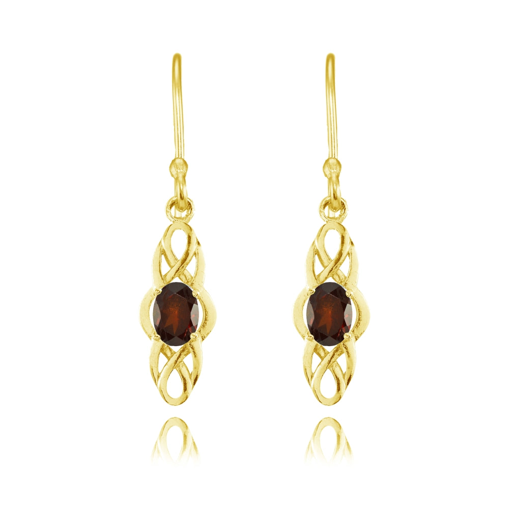 Yellow Gold Flashed Sterling Silver Garnet Celtic Knot Oval Dangle Drop Earrings-2