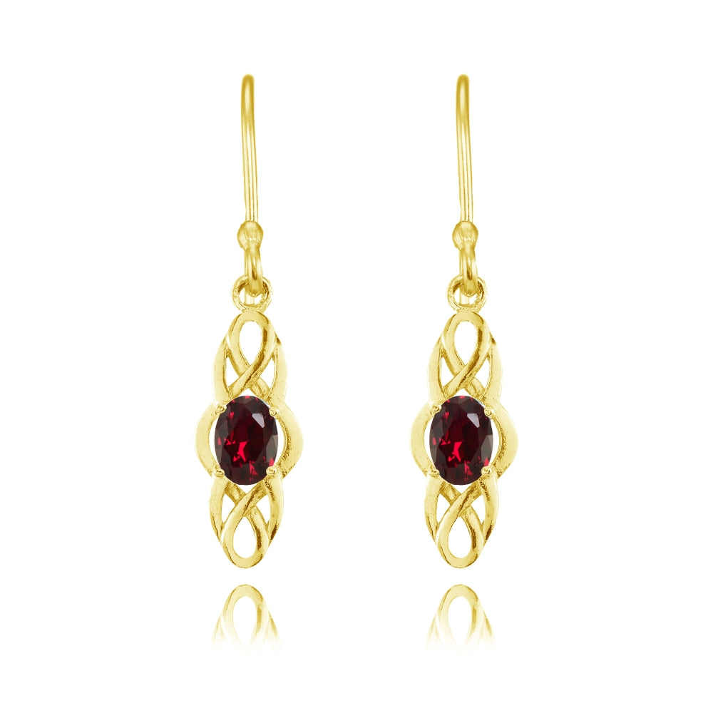 Yellow Gold Flashed Sterling Silver Created Ruby Celtic Knot Oval Dangle Drop Earrings-2