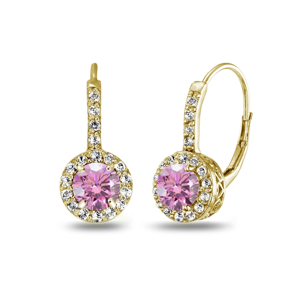 Yellow Gold Flashed Sterling Silver Light Rose Halo Leverback Drop Earrings created with Swarovski Crystals