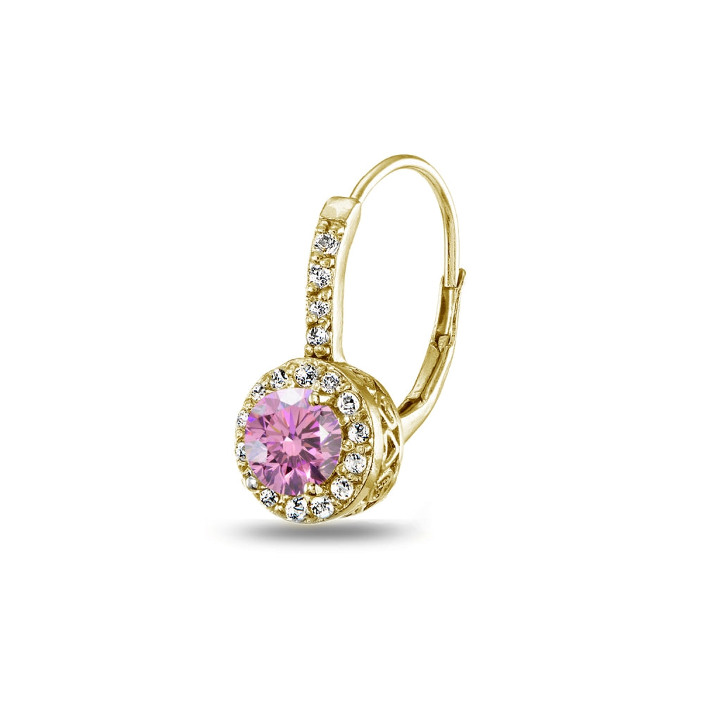 Yellow Gold Flashed Sterling Silver Light Rose Halo Leverback Drop Earrings created with Swarovski Crystals-3