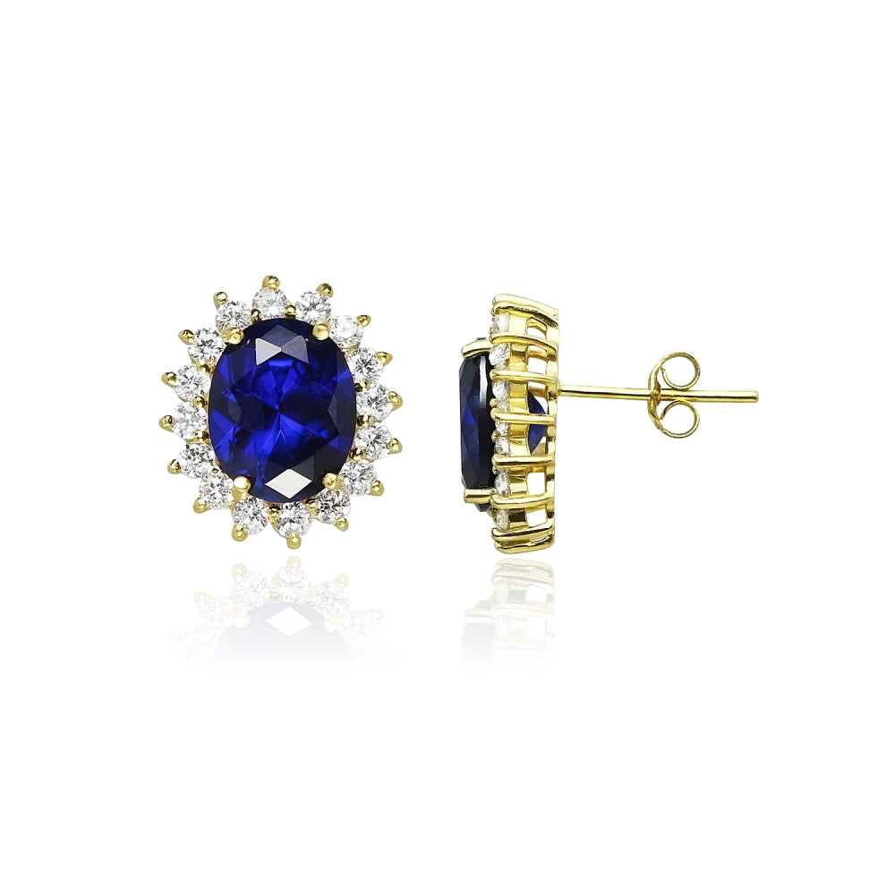 Yellow Gold Flashed Sterling Silver Royal Blue Cubic Zirconia Oval Stud Earrings-2