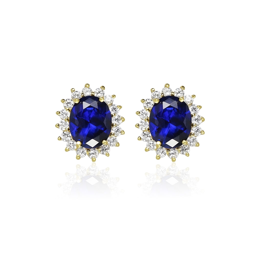 Yellow Gold Flashed Sterling Silver Royal Blue Cubic Zirconia Oval Stud Earrings-3