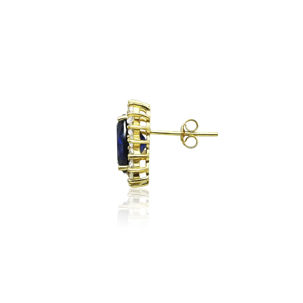 Yellow Gold Flashed Sterling Silver Royal Blue Cubic Zirconia Oval Stud Earrings-4