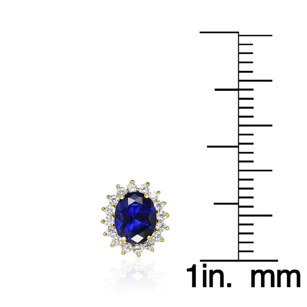 Yellow Gold Flashed Sterling Silver Royal Blue Cubic Zirconia Oval Stud Earrings-6